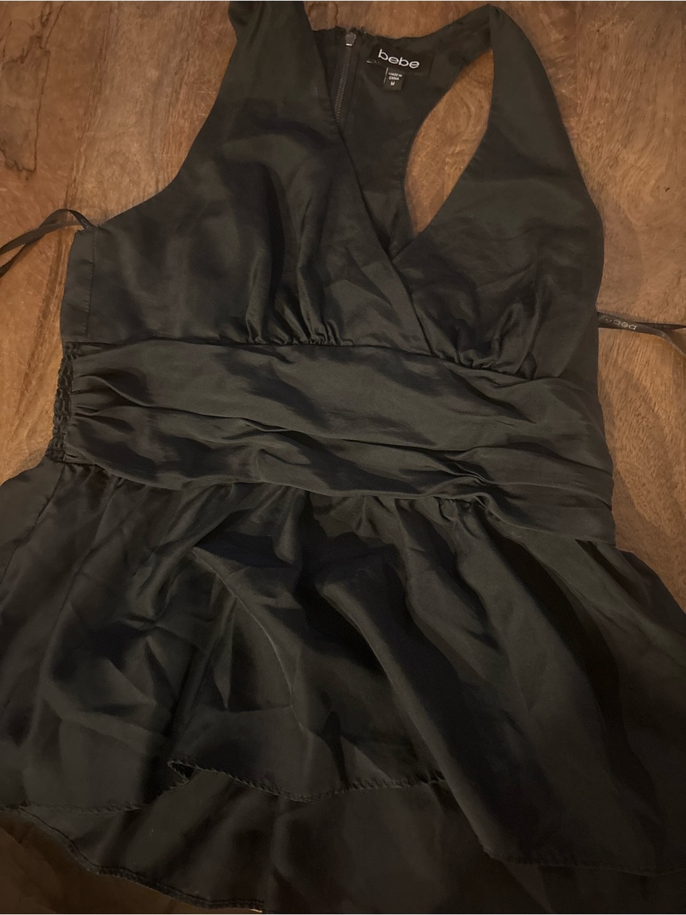 bebe Black Satin V-Neck Peplum Top